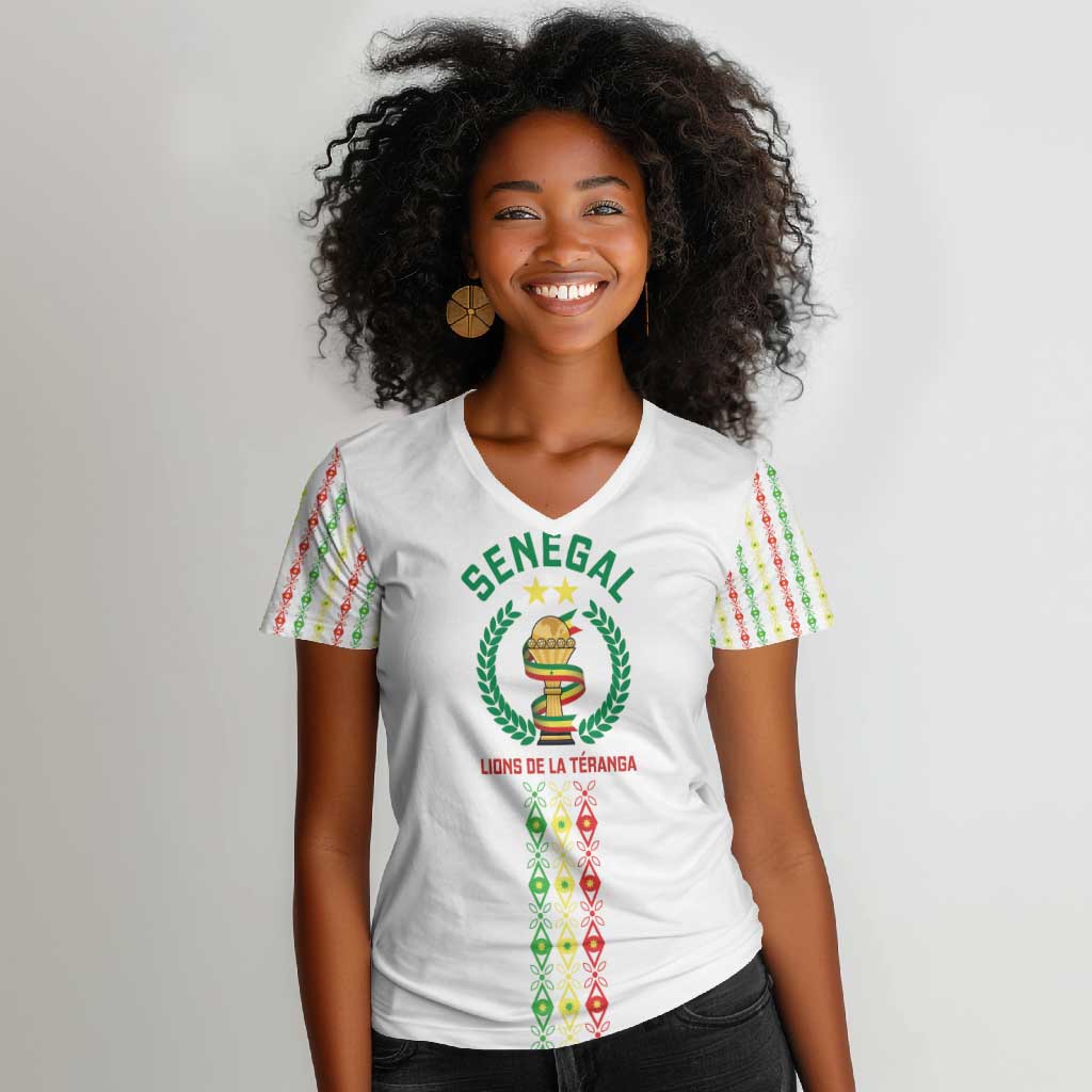 Custom Senegal Lions of Teranga Women V-Neck T-Shirt African Football Champions 2025