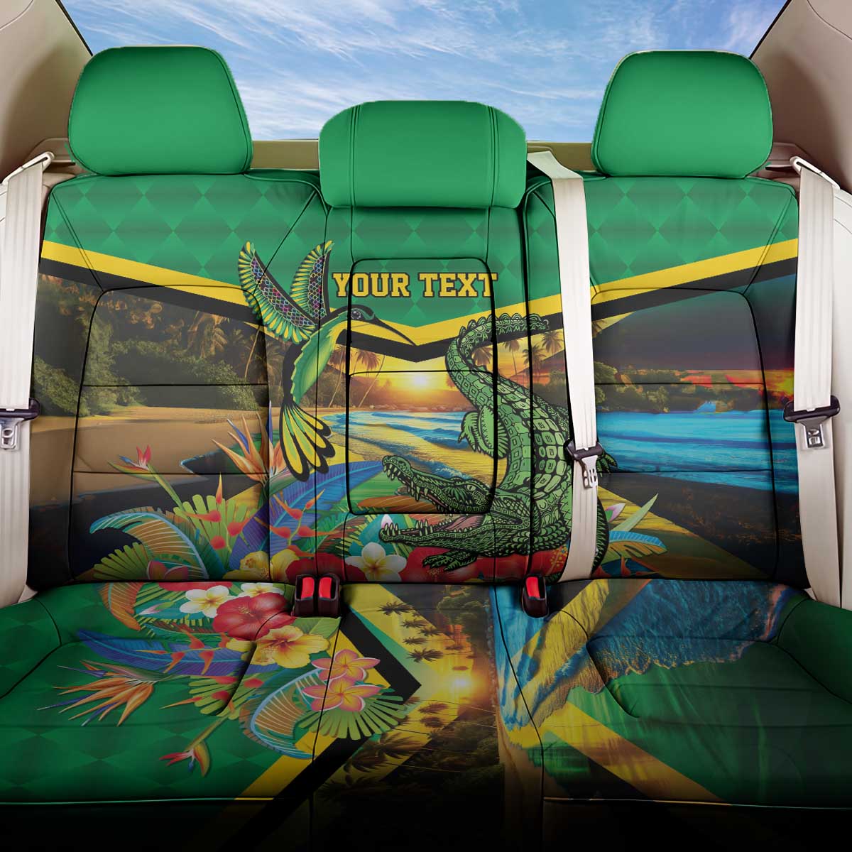 African-American Jamica Personalized Back Car Seat Cover Hummingbird and Crocodiles Tropical