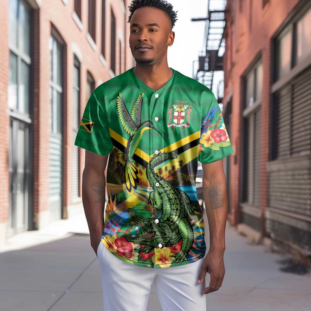 African-American Jamica Personalized Baseball Jersey Hummingbird and Crocodiles Tropical