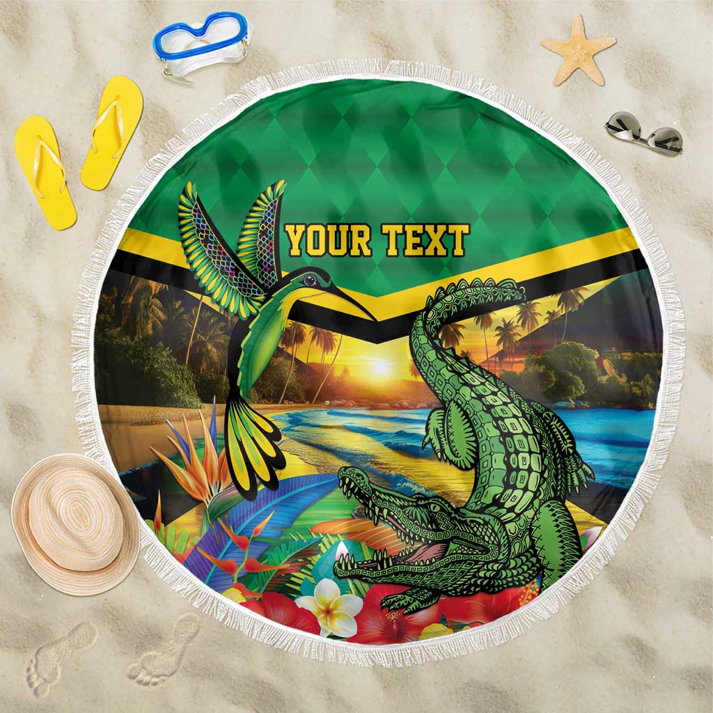 African-American Jamica Personalized Beach Blanket Hummingbird and Crocodiles Tropical