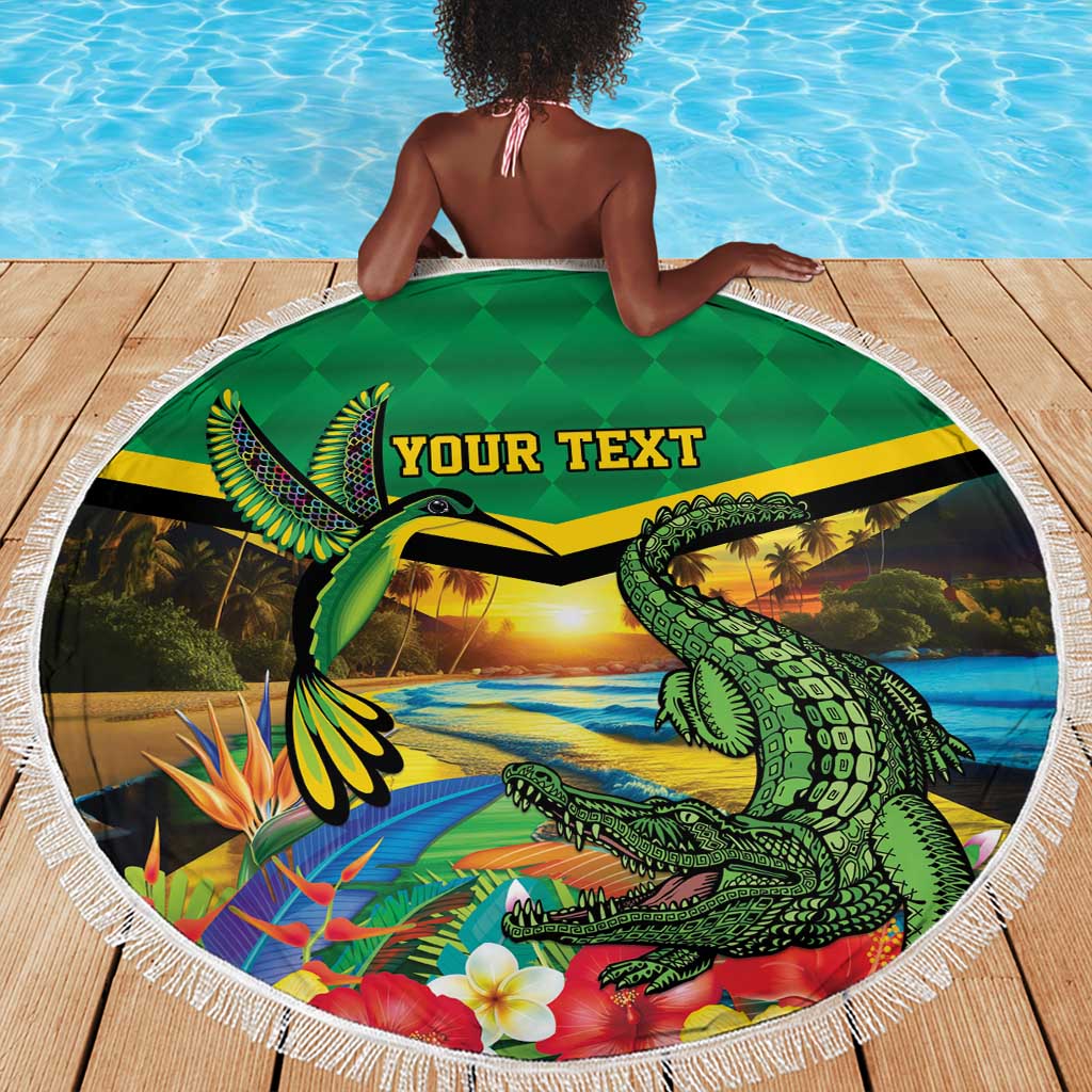 African-American Jamica Personalized Beach Blanket Hummingbird and Crocodiles Tropical