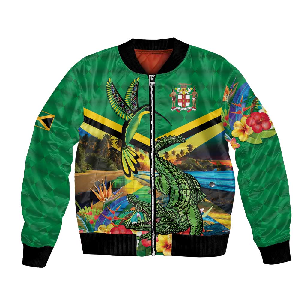 African-American Jamica Personalized Bomber Jacket Hummingbird and Crocodiles Tropical