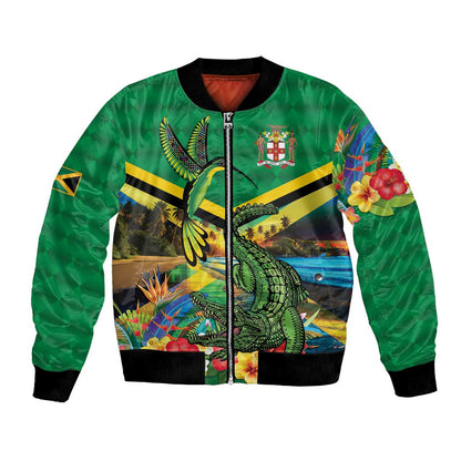 African-American Jamica Personalized Bomber Jacket Hummingbird and Crocodiles Tropical