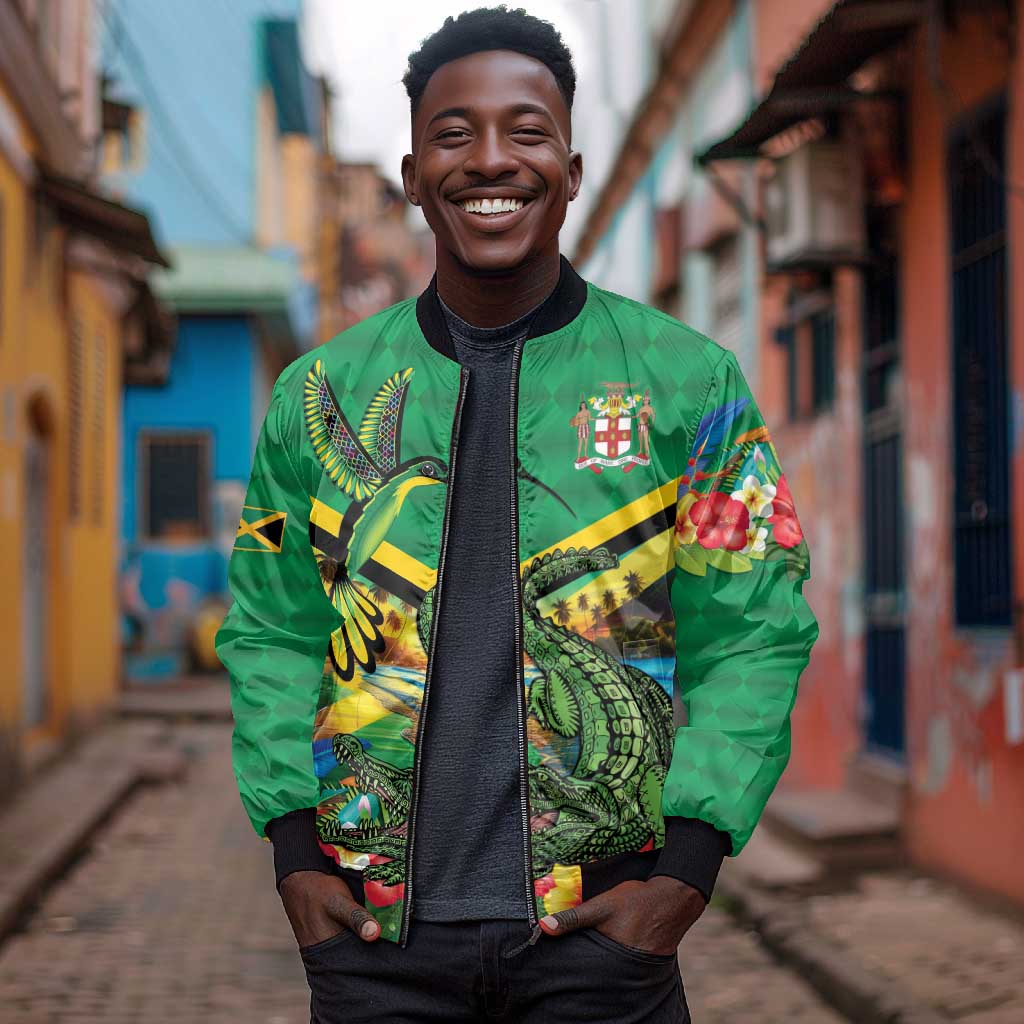 African-American Jamica Personalized Bomber Jacket Hummingbird and Crocodiles Tropical