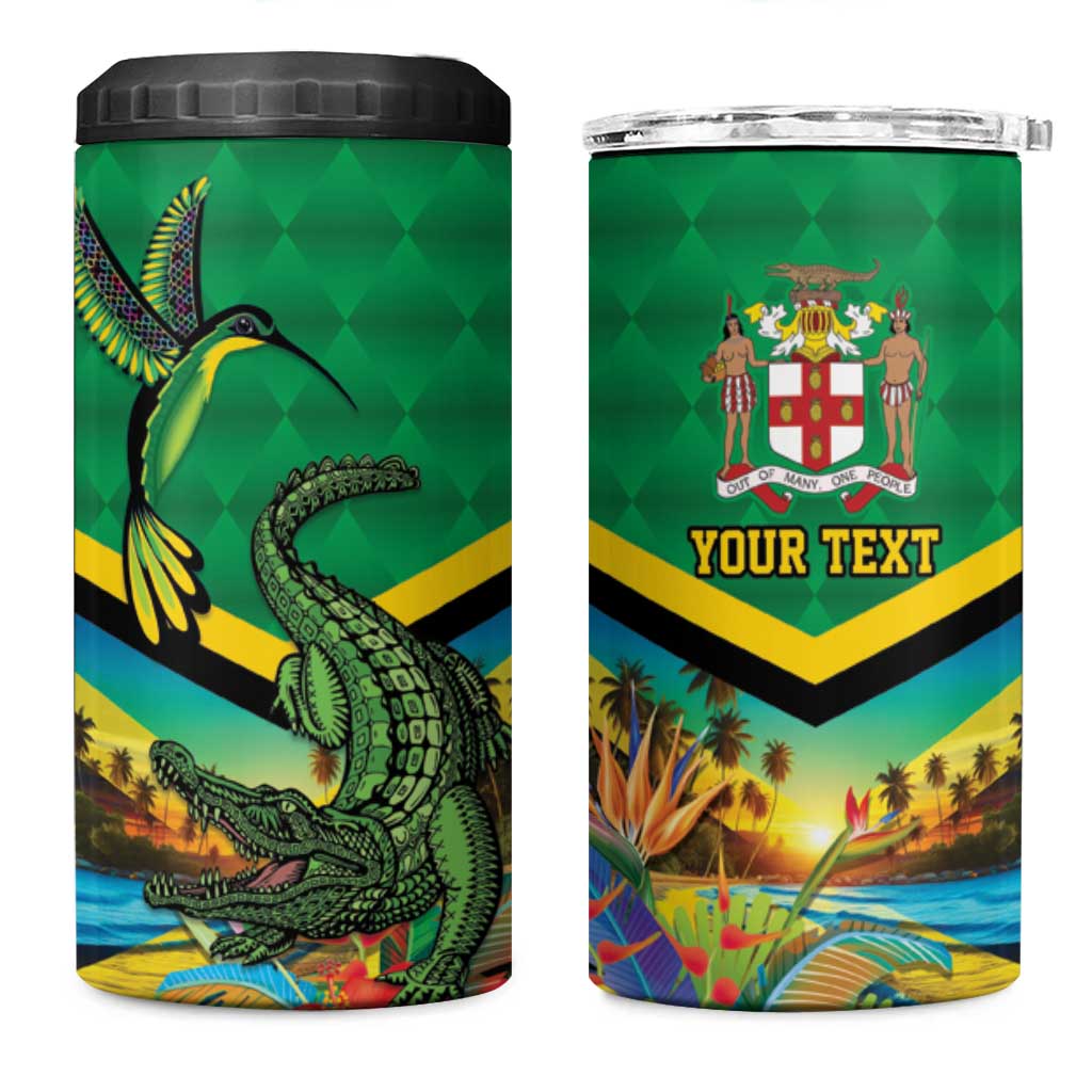 African-American Jamica Personalized 4 in 1 Can Cooler Tumbler Hummingbird and Crocodiles Tropical