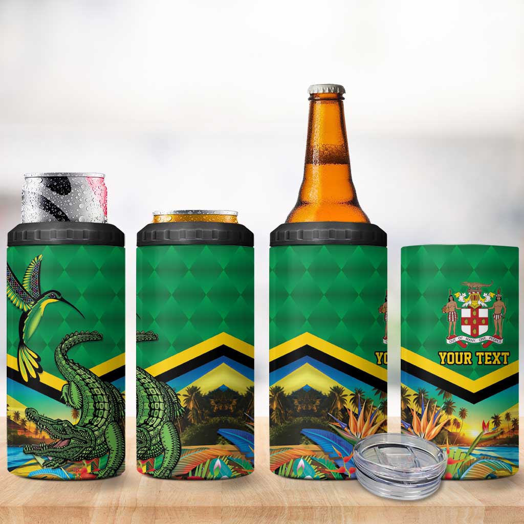 African-American Jamica Personalized 4 in 1 Can Cooler Tumbler Hummingbird and Crocodiles Tropical