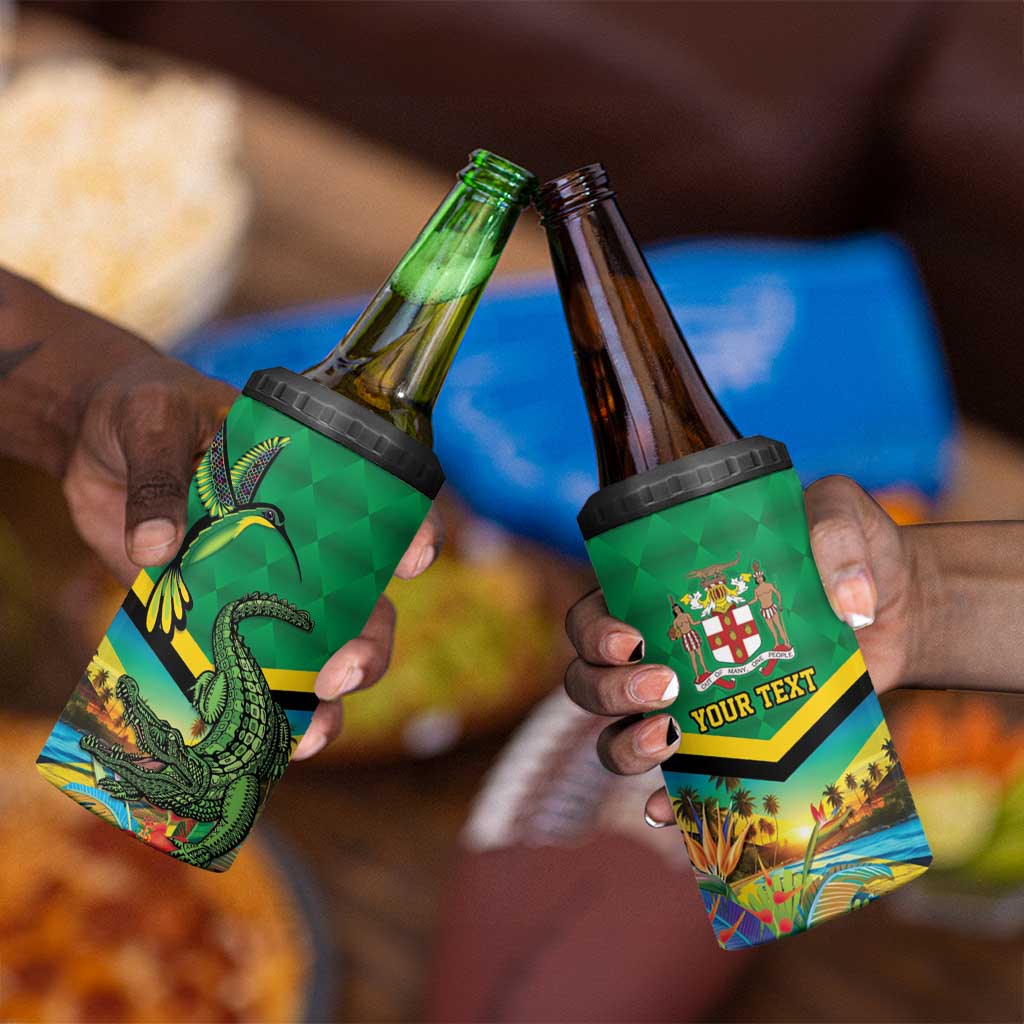 African-American Jamica Personalized 4 in 1 Can Cooler Tumbler Hummingbird and Crocodiles Tropical