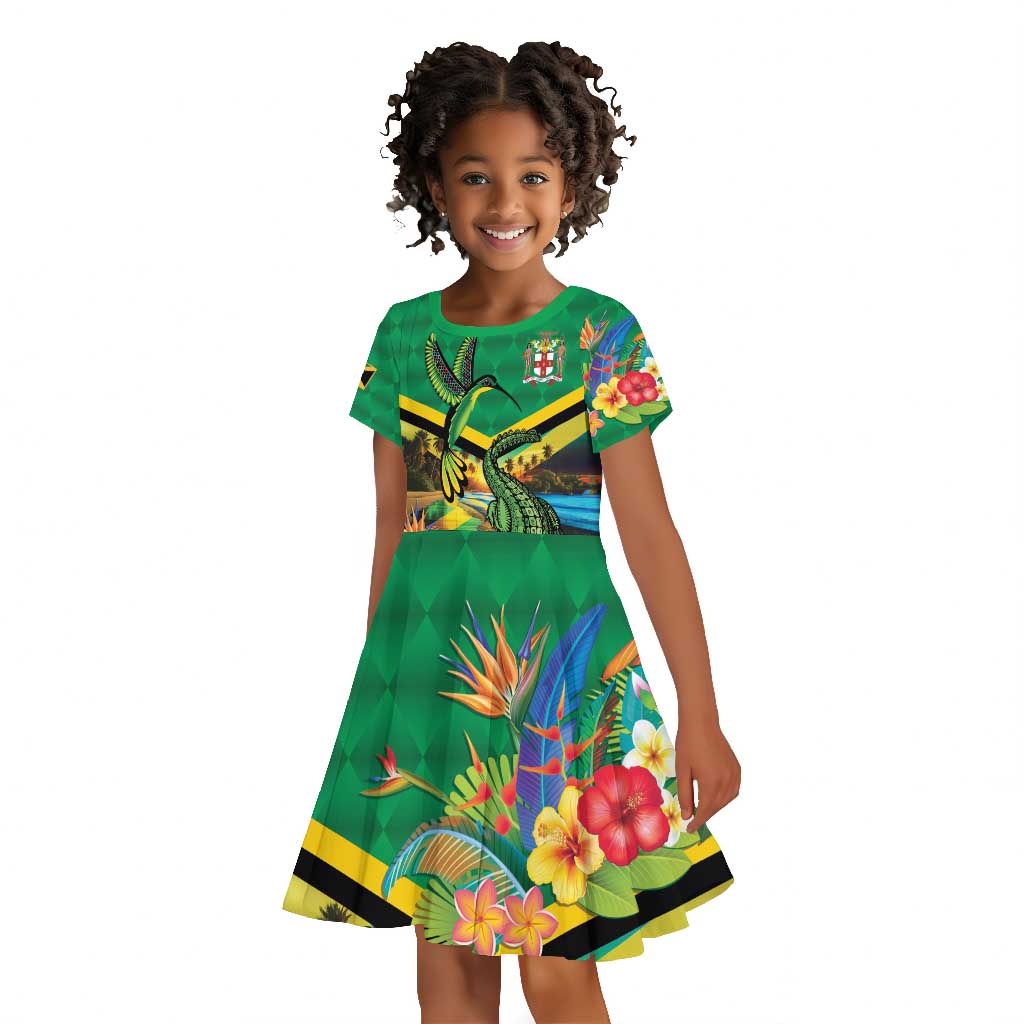 African-American Jamica Personalized Kid Short Sleeve Dress Hummingbird and Crocodiles Tropical