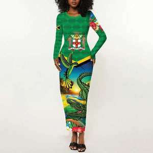 African Jamaica Personalized Long Sleeve Bodycon Dress Hummingbird and Crocodiles Tropical LT9