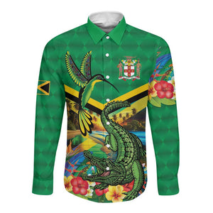 African-American Jamica Personalized Long Sleeve Button Shirt Hummingbird and Crocodiles Tropical