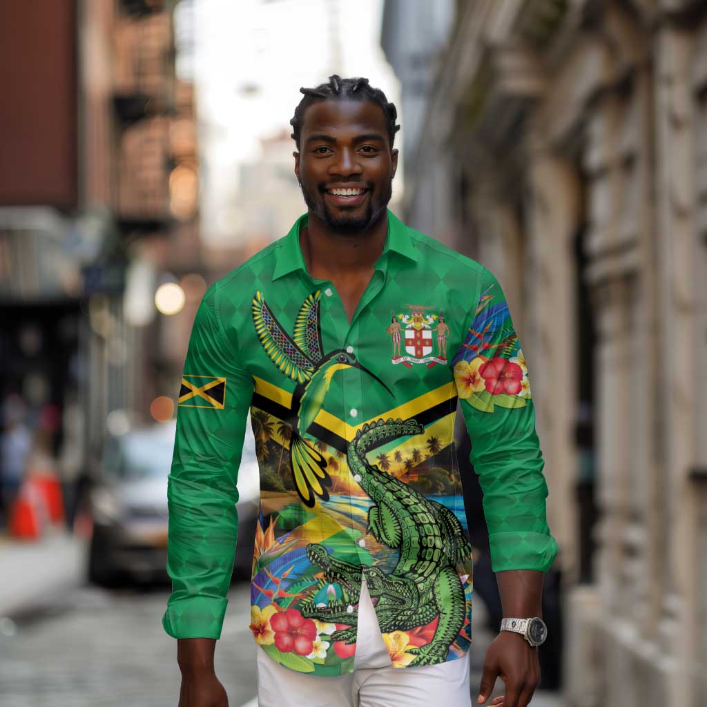 African-American Jamica Personalized Long Sleeve Button Shirt Hummingbird and Crocodiles Tropical