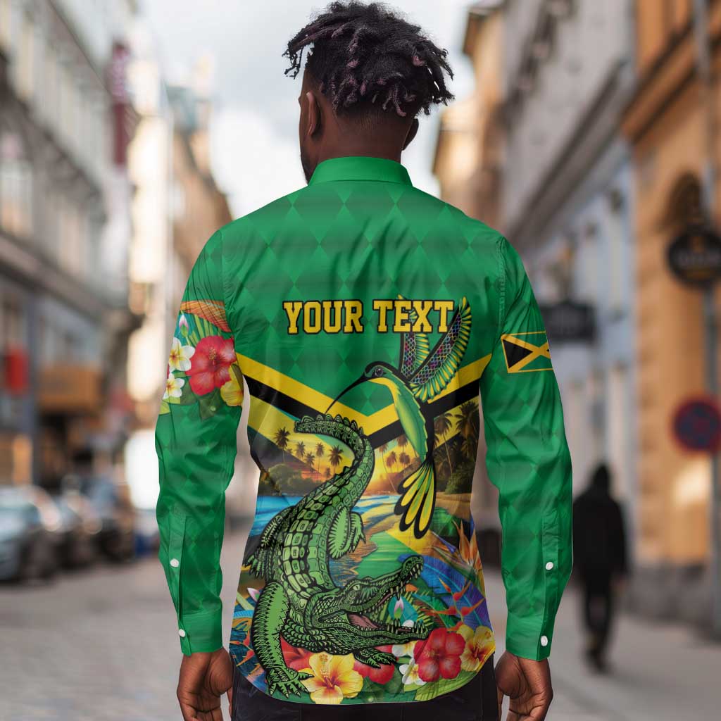 African-American Jamica Personalized Long Sleeve Button Shirt Hummingbird and Crocodiles Tropical