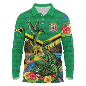 African-American Jamica Personalized Long Sleeve Polo Shirt Hummingbird and Crocodiles Tropical
