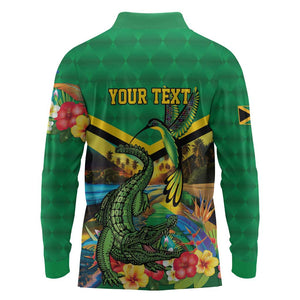 African-American Jamica Personalized Long Sleeve Polo Shirt Hummingbird and Crocodiles Tropical