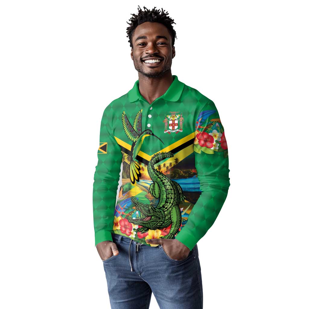 African-American Jamica Personalized Long Sleeve Polo Shirt Hummingbird and Crocodiles Tropical