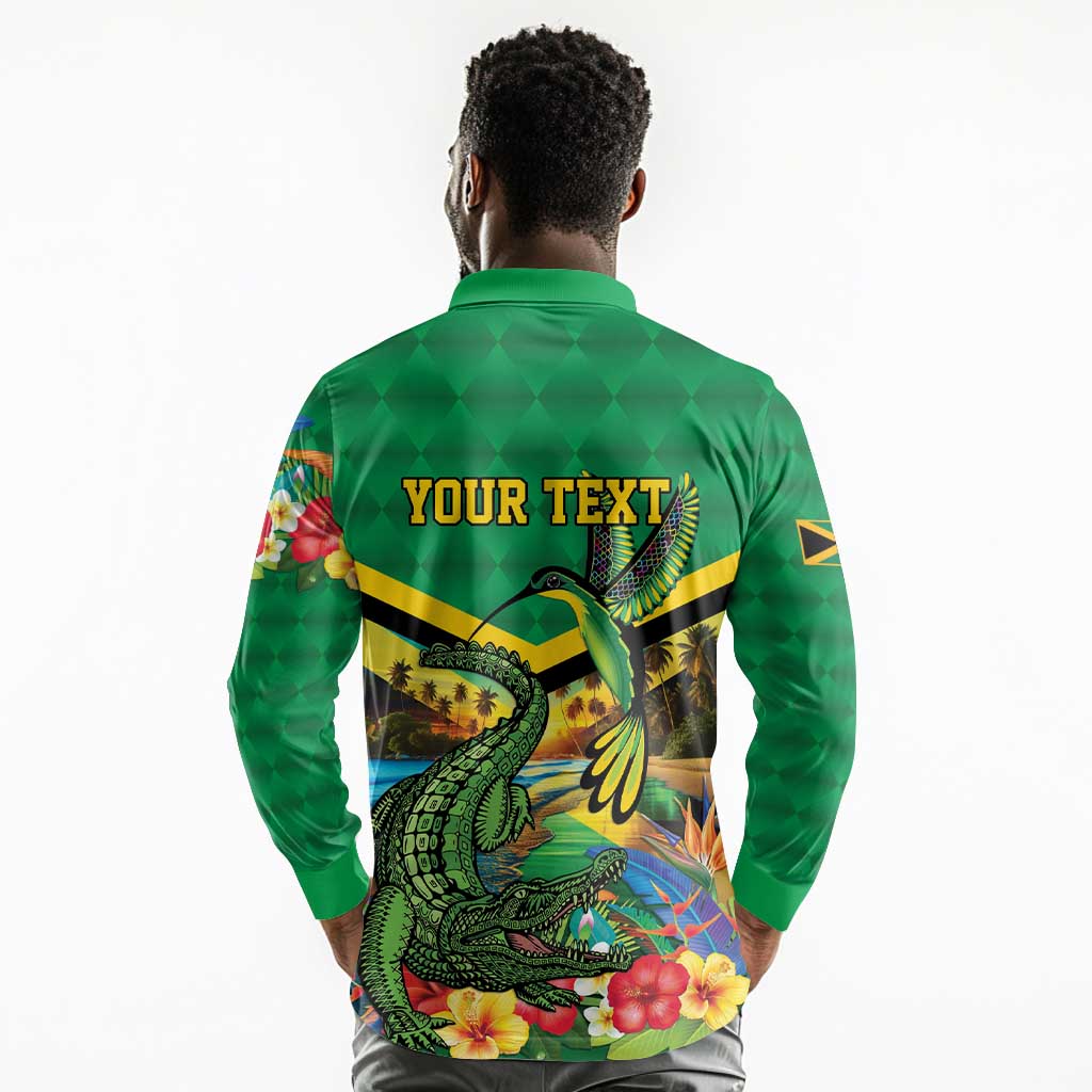 African-American Jamica Personalized Long Sleeve Polo Shirt Hummingbird and Crocodiles Tropical
