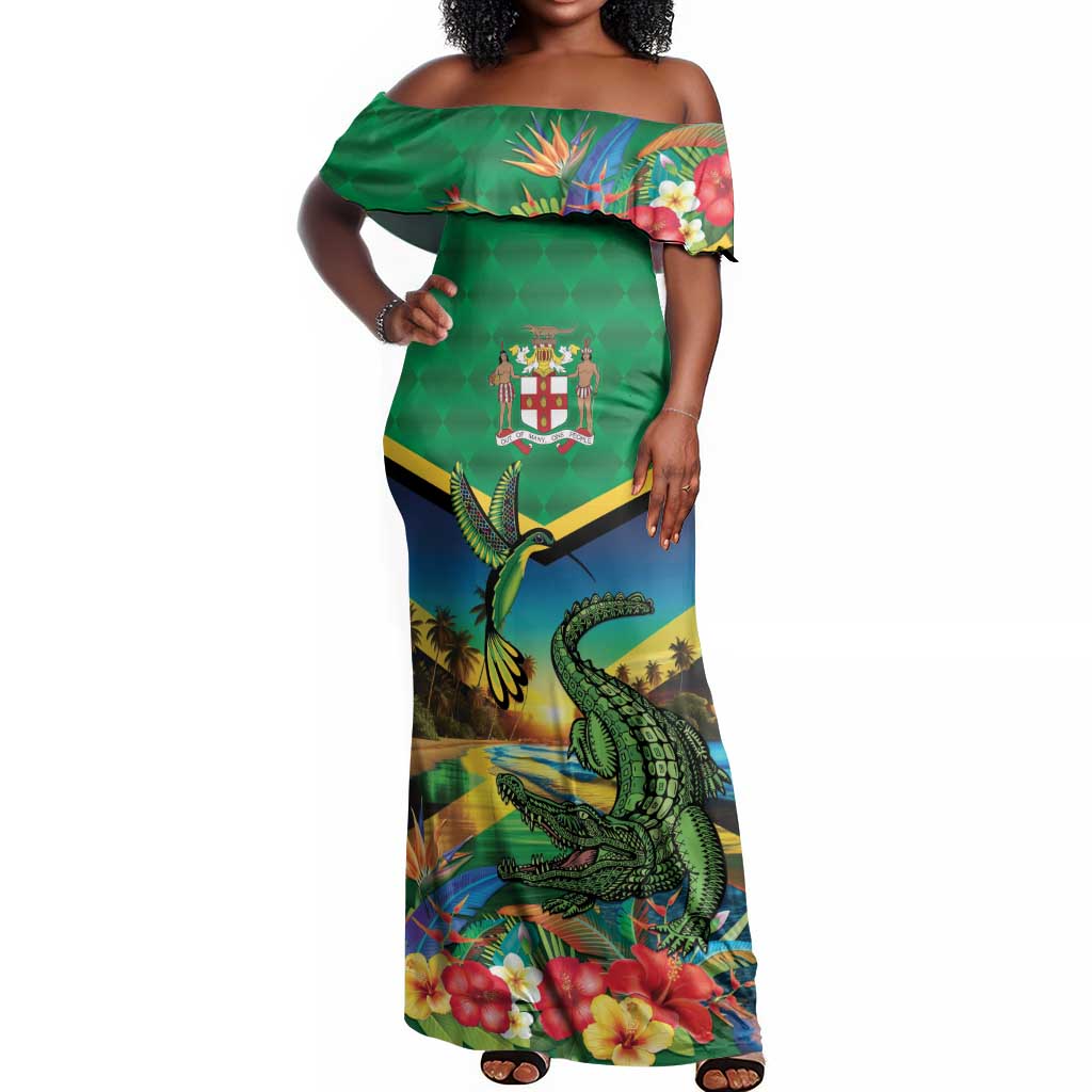 African-American Jamica Personalized Off Shoulder Maxi Dress Hummingbird and Crocodiles Tropical