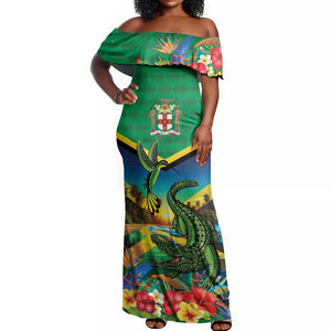 African-American Jamica Personalized Off Shoulder Maxi Dress Hummingbird and Crocodiles Tropical