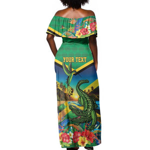 African-American Jamica Personalized Off Shoulder Maxi Dress Hummingbird and Crocodiles Tropical
