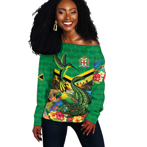 African-American Jamica Personalized Off Shoulder Sweater Hummingbird and Crocodiles Tropical