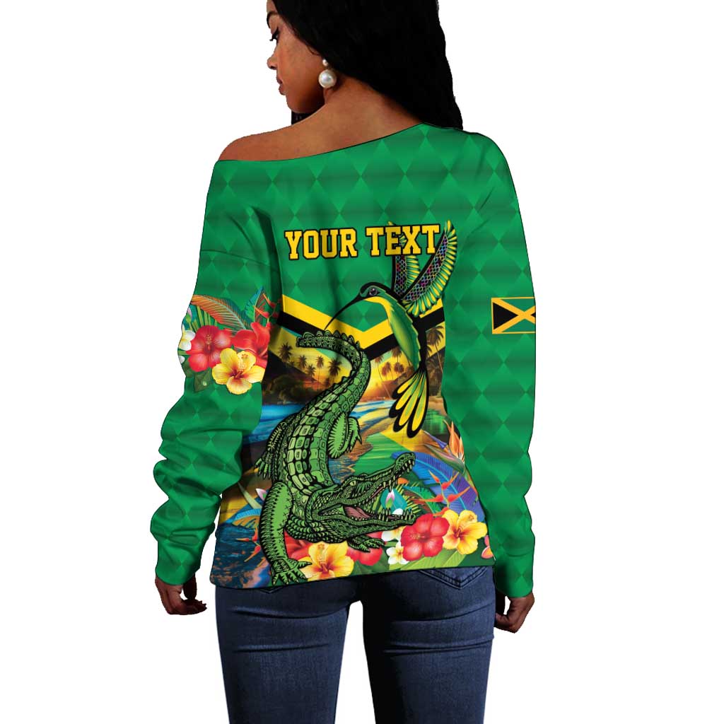 African-American Jamica Personalized Off Shoulder Sweater Hummingbird and Crocodiles Tropical