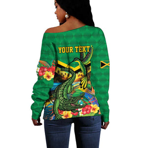 African-American Jamica Personalized Off Shoulder Sweater Hummingbird and Crocodiles Tropical