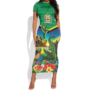 African Jamaica Personalized Short Sleeve Bodycon Dress Hummingbird and Crocodiles Tropical LT9