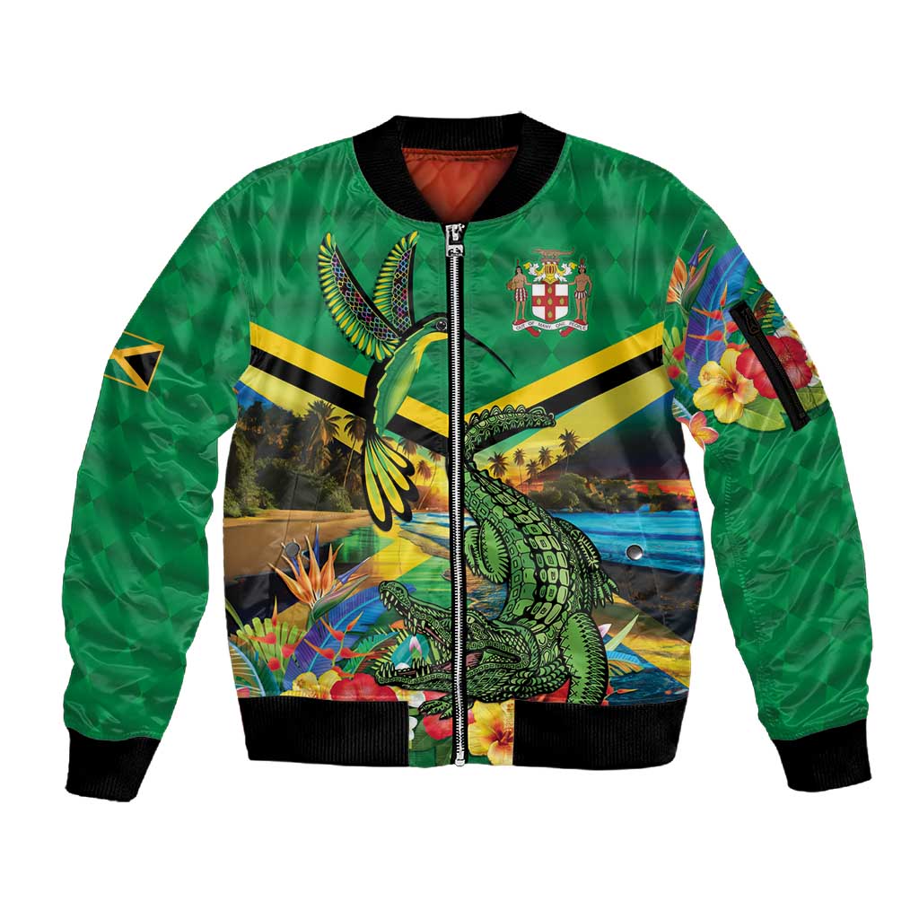 African-American Jamica Personalized Sleeve Zip Bomber Jacket Hummingbird and Crocodiles Tropical