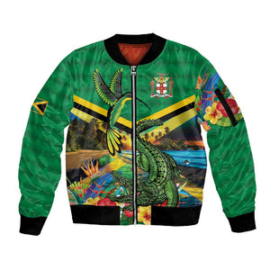 African-American Jamica Personalized Sleeve Zip Bomber Jacket Hummingbird and Crocodiles Tropical