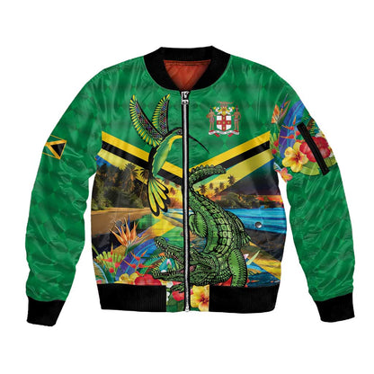 African-American Jamica Personalized Sleeve Zip Bomber Jacket Hummingbird and Crocodiles Tropical