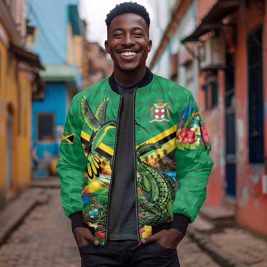 African-American Jamica Personalized Sleeve Zip Bomber Jacket Hummingbird and Crocodiles Tropical