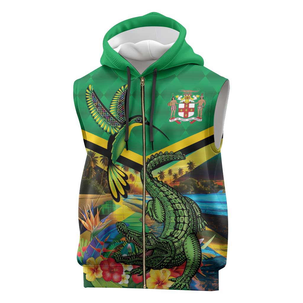 African-American Jamica Personalized Sleeveless Zip Hoodie Hummingbird and Crocodiles Tropical - African Pride