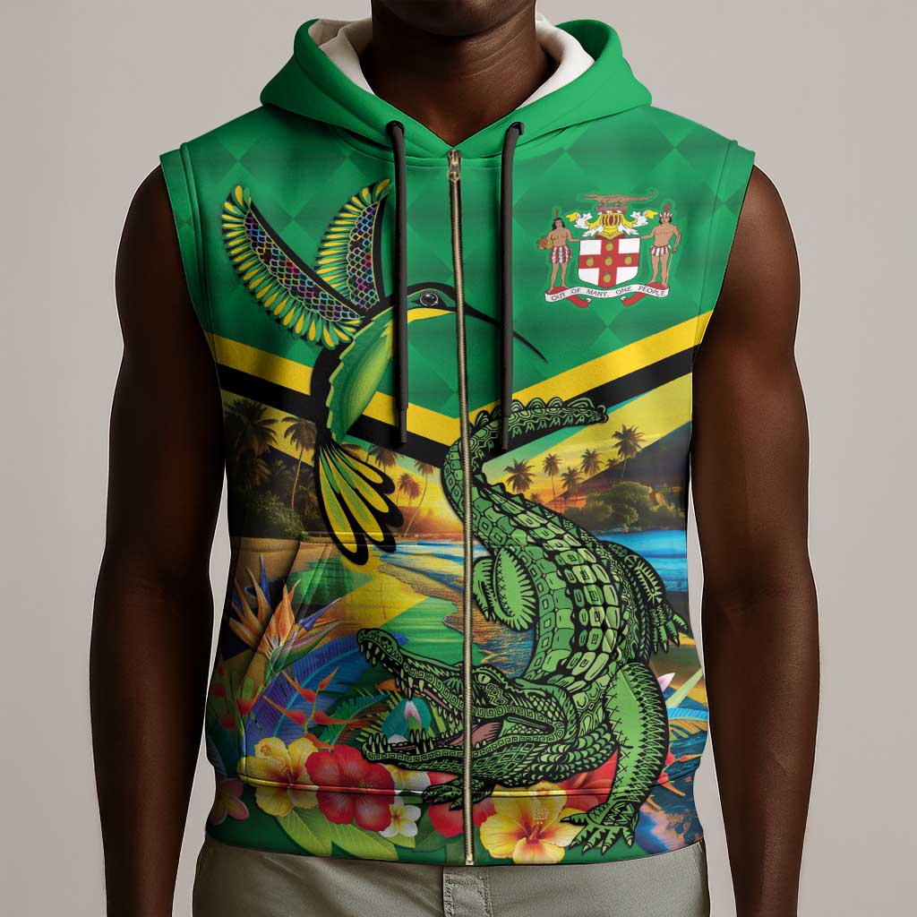African-American Jamica Personalized Sleeveless Zip Hoodie Hummingbird and Crocodiles Tropical - African Pride