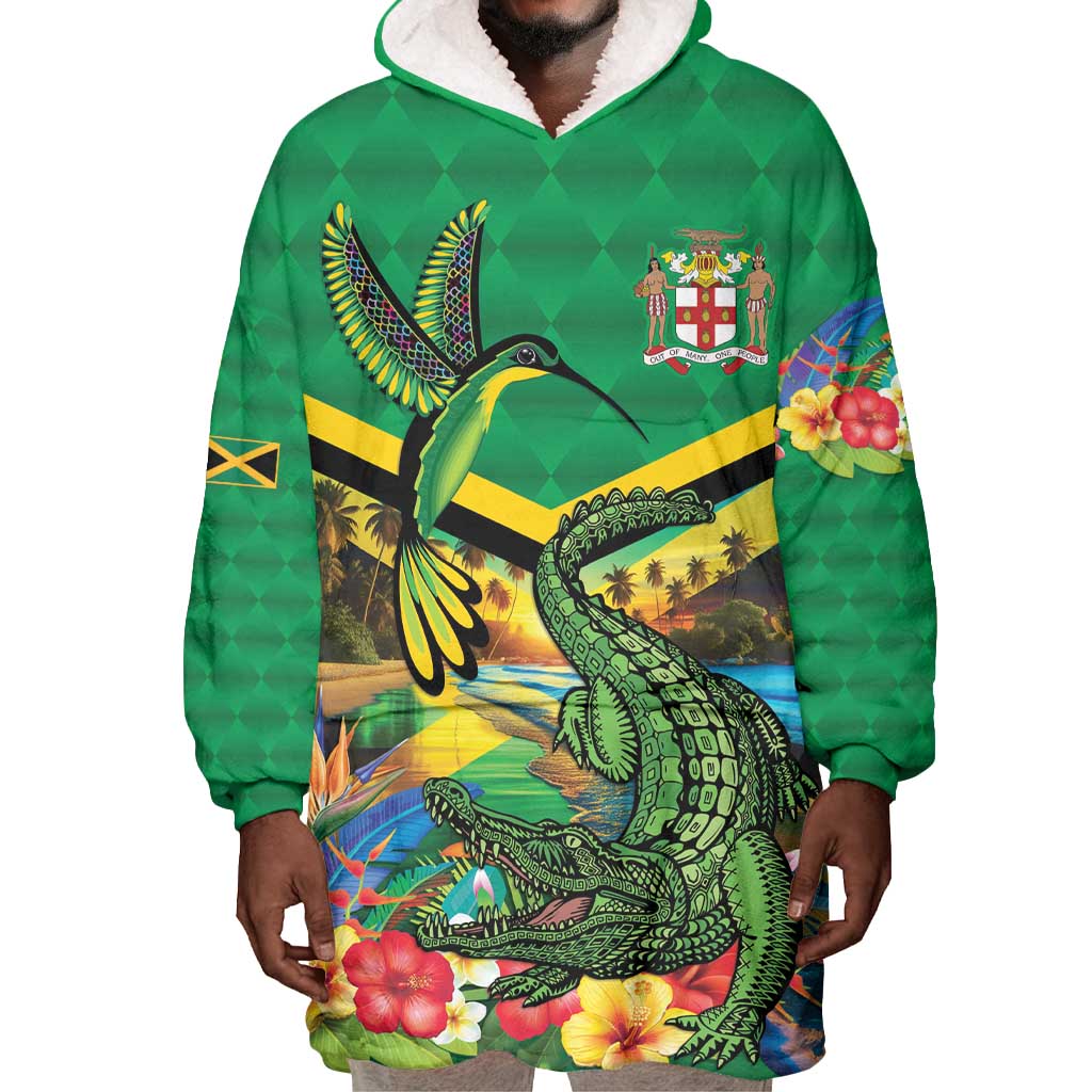 African-American Jamica Personalized Wearable Blanket Hoodie Hummingbird and Crocodiles Tropical