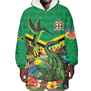 African-American Jamica Personalized Wearable Blanket Hoodie Hummingbird and Crocodiles Tropical