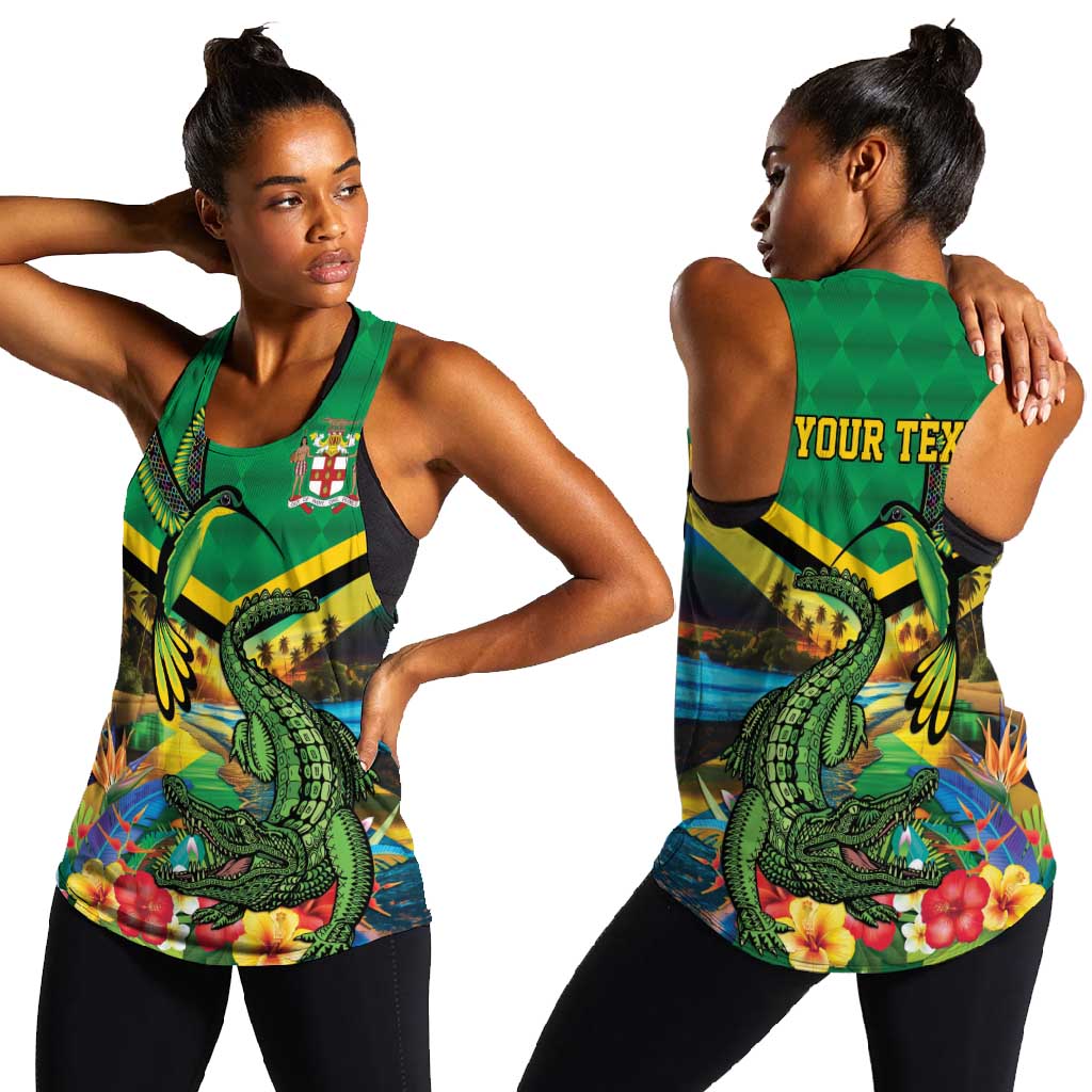 African-American Jamica Personalized Women Racerback Tank Hummingbird and Crocodiles Tropical