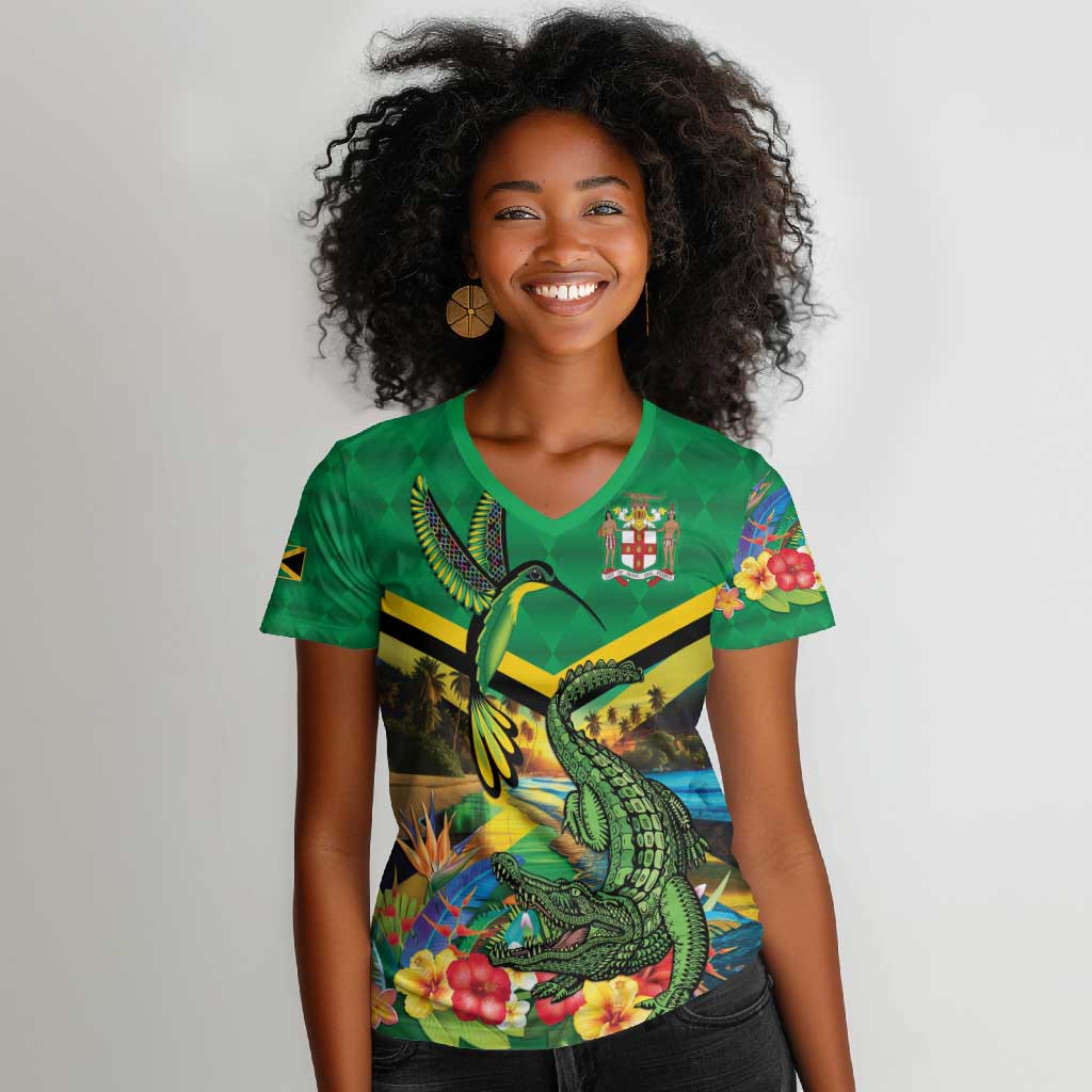 African-American Jamica Personalized Women V-Neck T-Shirt Hummingbird and Crocodiles Tropical