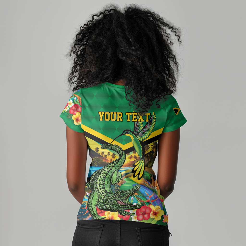 African-American Jamica Personalized Women V-Neck T-Shirt Hummingbird and Crocodiles Tropical