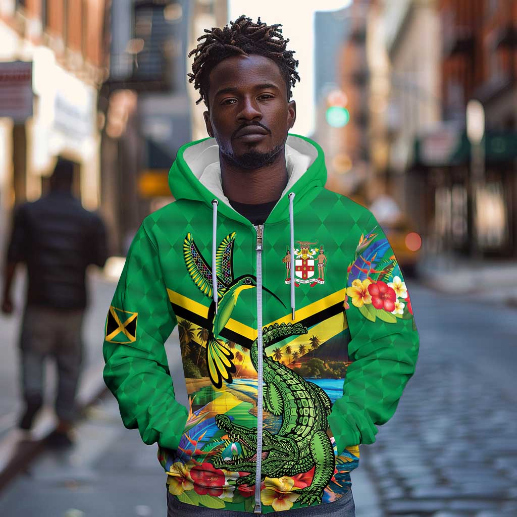 African-American Jamica Personalized Zip Hoodie Hummingbird and Crocodiles Tropical