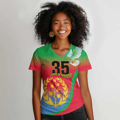 Eritrea 35th Anniversary Women V-Neck T-Shirt May 24 1991-2026 Proud To Be Eritrean