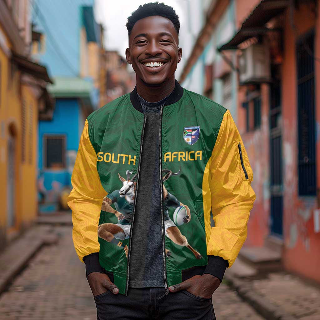 South Africa Rugby Custom Sleeve Zip Bomber Jacket Glory Be To Springboks - African Pride