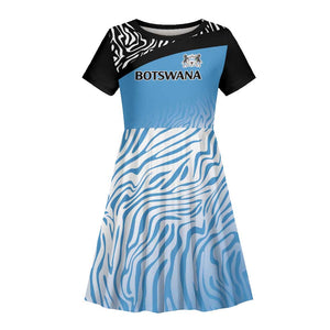 Botswana Cricket Custom Kid Short Sleeve Dress Baggy Blues African Zebra Skins Pattern - African Pride