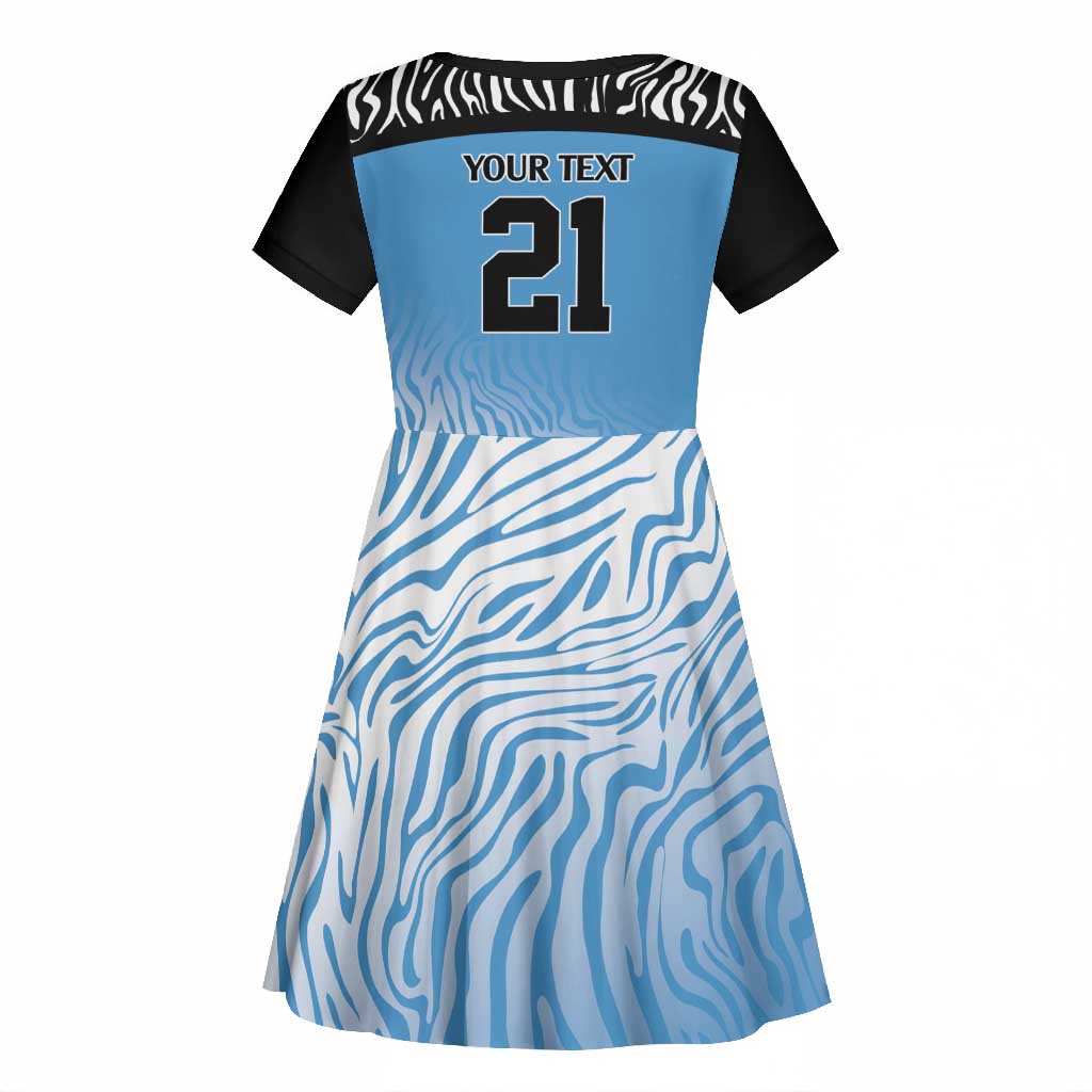 Botswana Cricket Custom Kid Short Sleeve Dress Baggy Blues African Zebra Skins Pattern - African Pride
