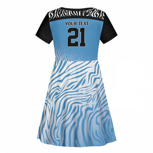 Botswana Cricket Custom Kid Short Sleeve Dress Baggy Blues African Zebra Skins Pattern - African Pride