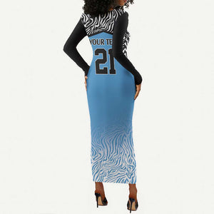 Botswana Cricket Custom Long Sleeve Bodycon Dress Baggy Blues African Zebra Skins Pattern - African Pride