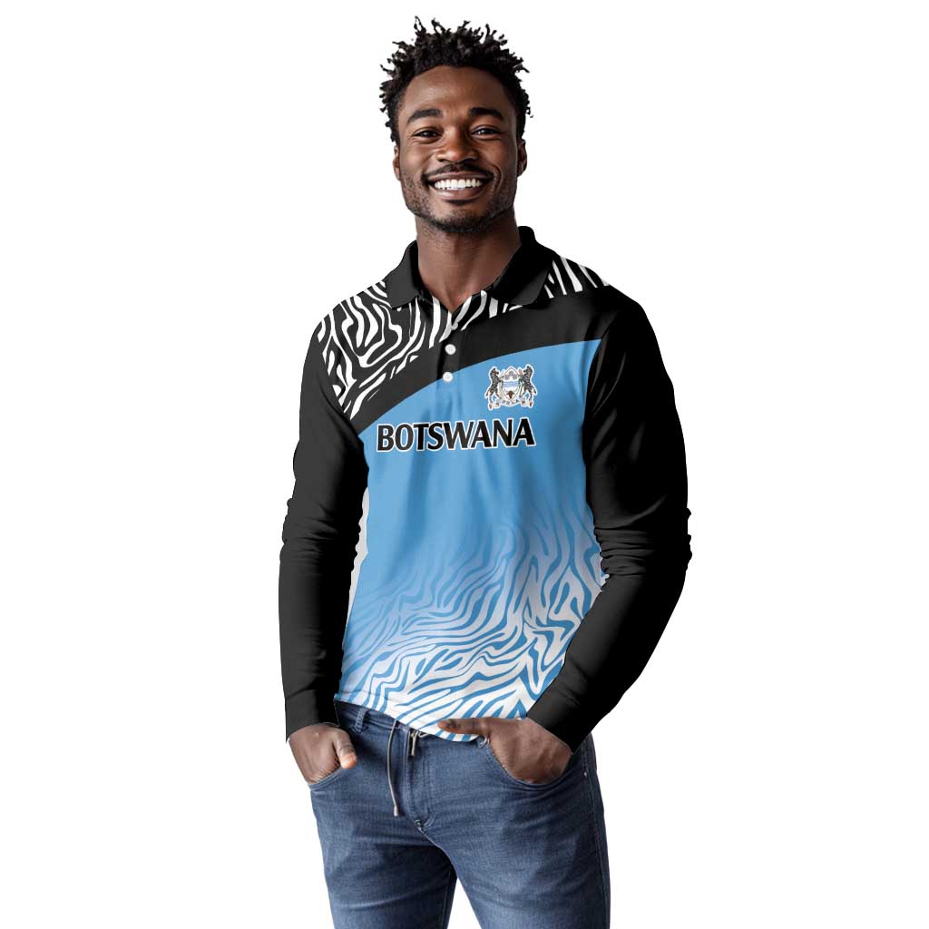 Botswana Cricket Custom Long Sleeve Polo Shirt Baggy Blues African Zebra Skins Pattern - African Pride
