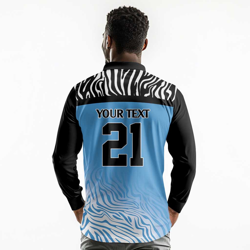 Botswana Cricket Custom Long Sleeve Polo Shirt Baggy Blues African Zebra Skins Pattern - African Pride