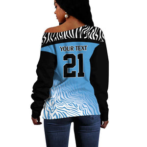 Botswana Cricket Custom Off Shoulder Sweater Baggy Blues African Zebra Skins Pattern - African Pride