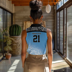 Botswana Cricket Custom Women Sleeveless Polo Shirt Baggy Blues African Zebra Skins Pattern - African Pride