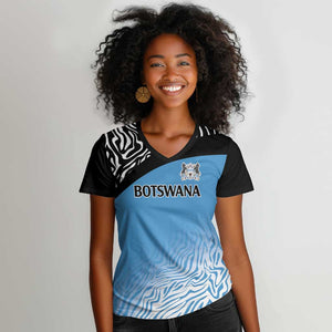 Botswana Cricket Custom Women V-Neck T-Shirt Baggy Blues African Zebra Skins Pattern - African Pride